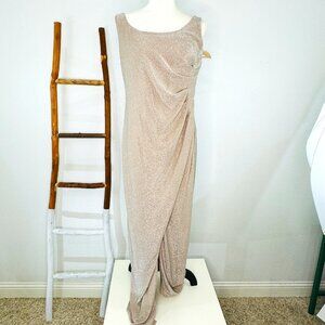 ADRIANNA PAPELL Gold Maxi Glitter Knit Lined Formal Gown Women SZ 14 Champagne